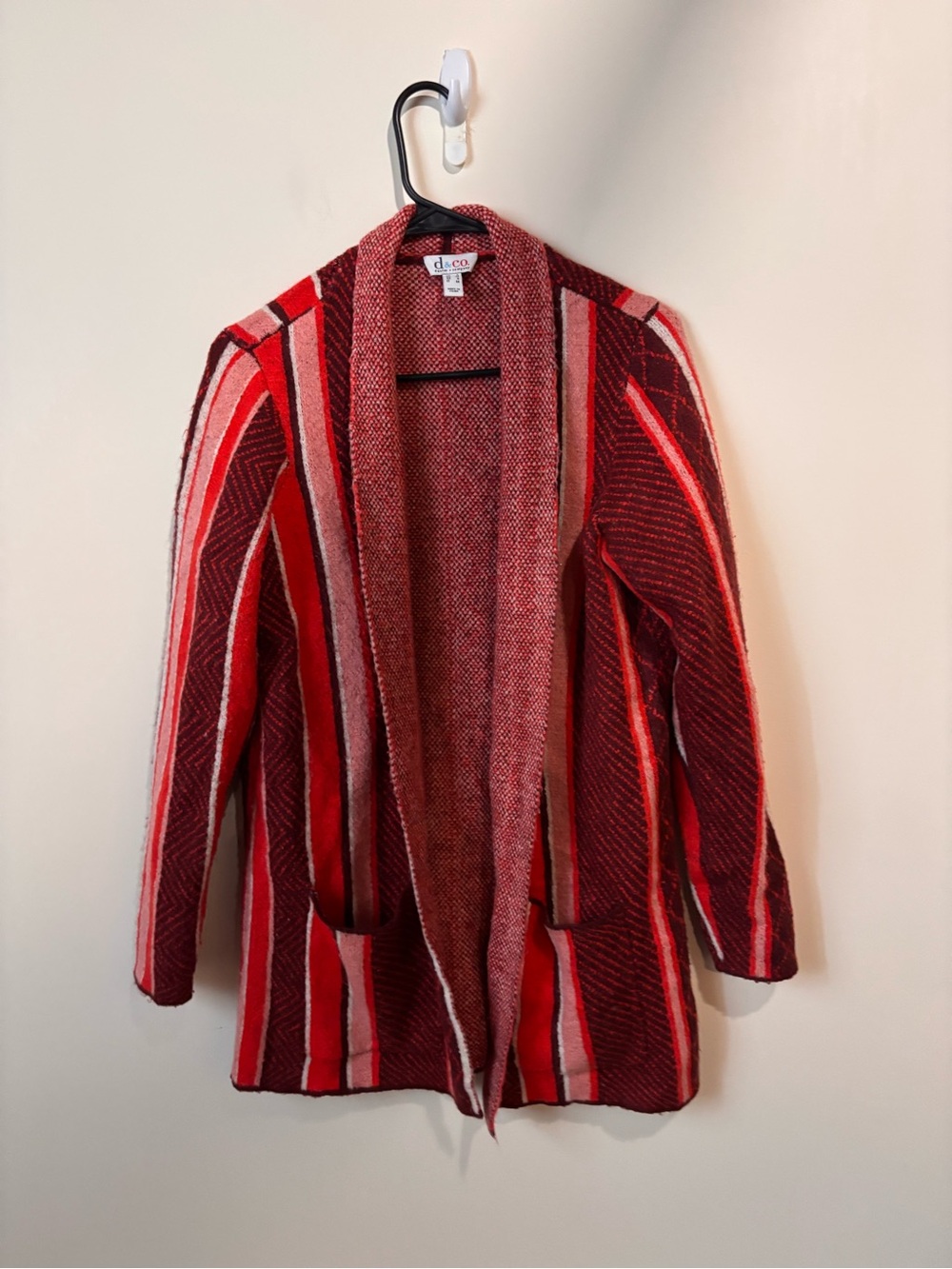 Open-Front Striped Red Knit Cardigan with Pockets